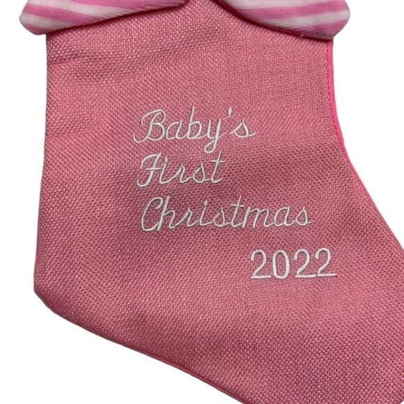 Baby First Christmas Stocking Embroidered 2022  Baby Girl Pink White 17 Inches - Picture 5 of 16